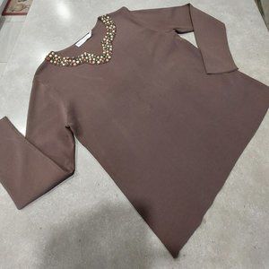 BETA'S CHOICE Women's Brown Heavily Beaded Neckline L/S Sweater - Size Medium